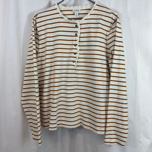 Women's J.Crew Large Long Sleeve Striped Cotton Henley Tee White Mustard Brown